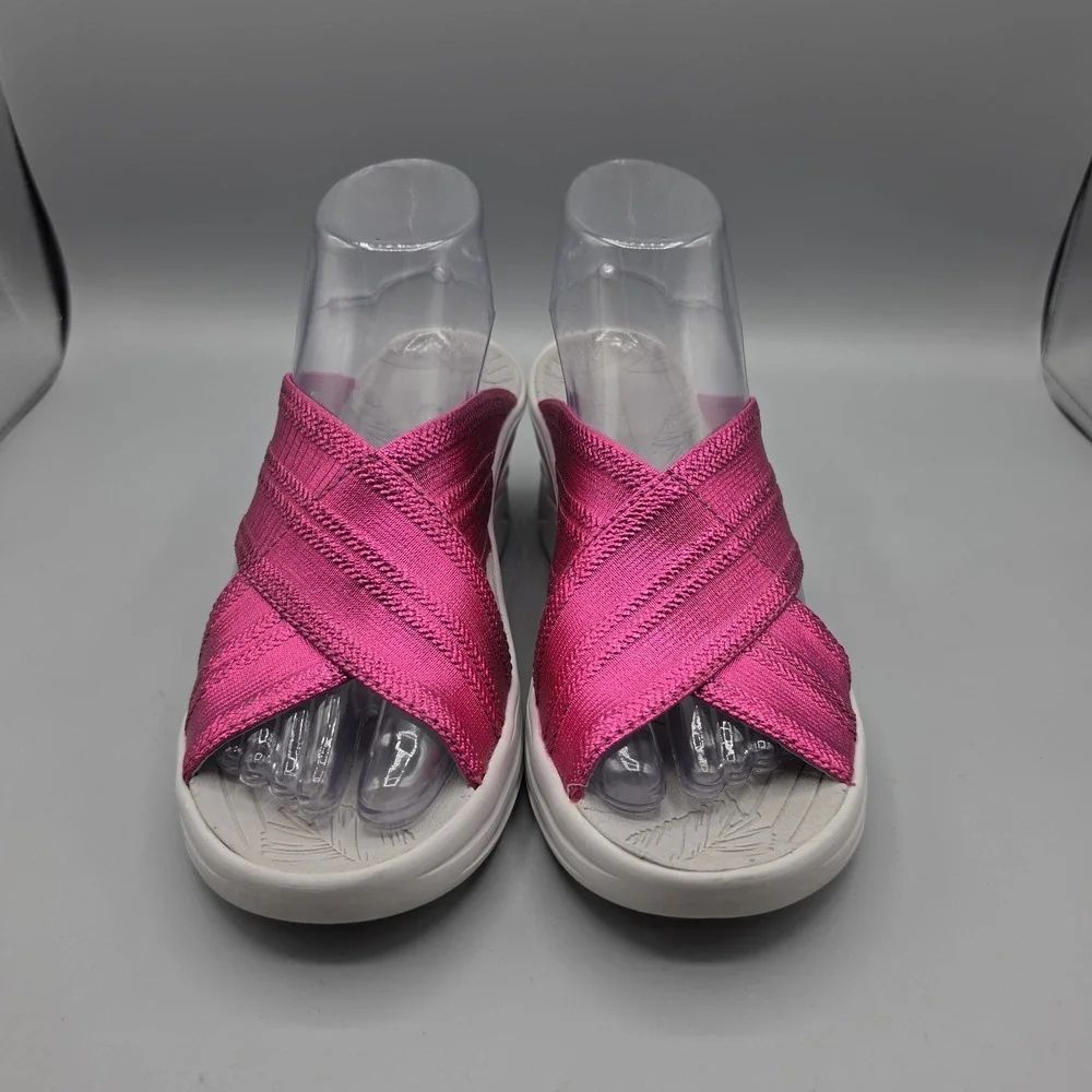Bzees Sandals Womens 7 M Vista Pink Magenta Metallic Straps Slide Wedge Platform